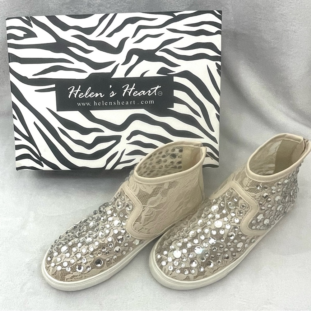 Helen’s Heart Cream Lace with Bling High Top Sneakers Glam Sparkly Stylish Fun